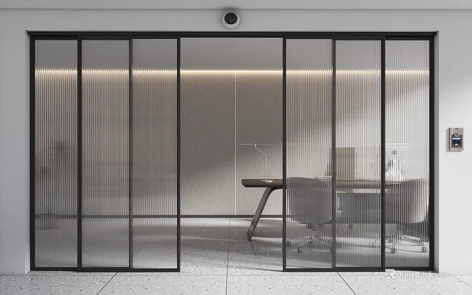 Modern Office Space with Glass Sliding Doors Blinds Desk Chair and Lighting 3d model 