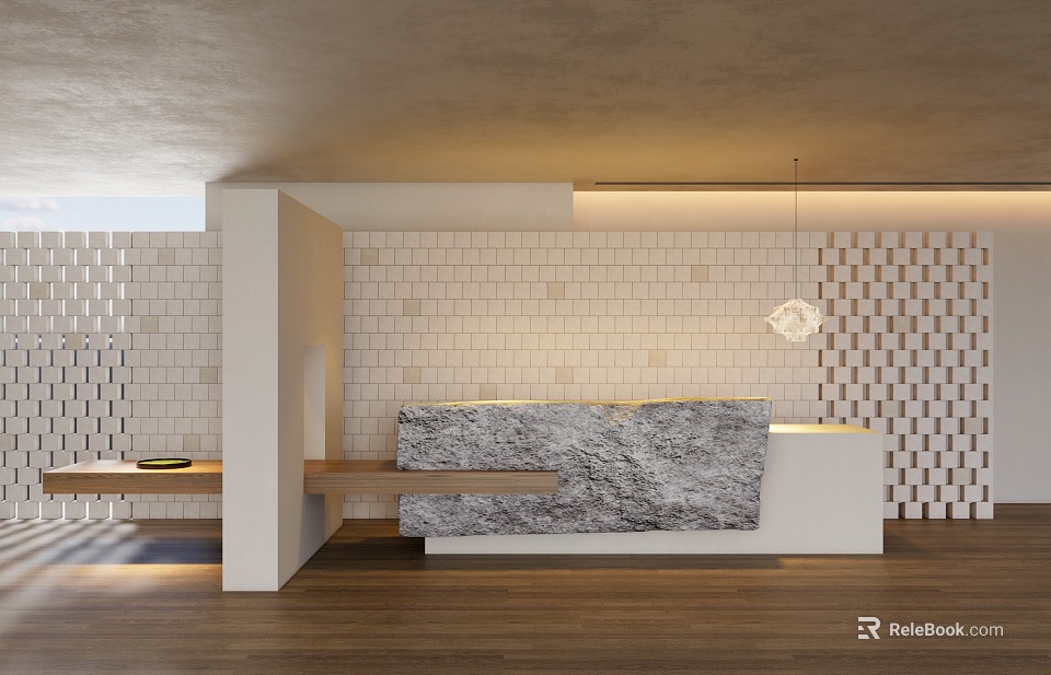 Modern Reception Desk Design With Marble Counter Tile Wall And Pendant Lighting 3d model 