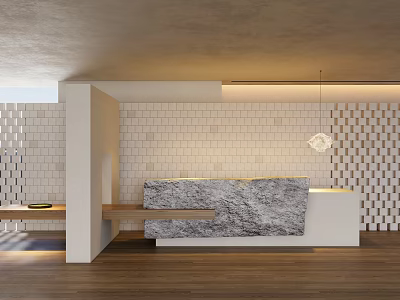 Modern Reception Desk Design With Marble Counter Tile Wall And Pendant Lighting 3d model
