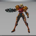 Futuristic Armored Female Character With Orange Red Armor Mechanical Arm And Weapon Design