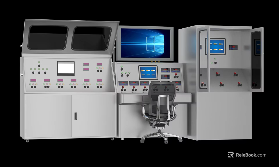 Professional Industrial Control Equipment With Monitor Screen Control Panel And Operator Chair 3d model 