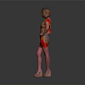 Woman In Orange And Yellow Zebra Print Shoulder Dress With High Heels On Gray Background