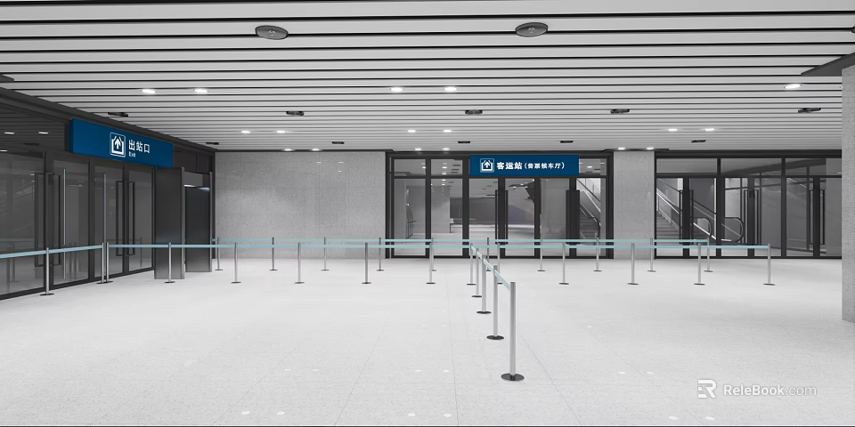 Modern Station Interior With Spacious Design Entrance Direction Signs And Queue Barriers 3d model 