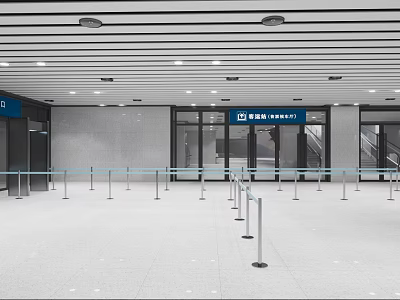 Modern Station Interior With Spacious Design Entrance Direction Signs And Queue Barriers 3d model