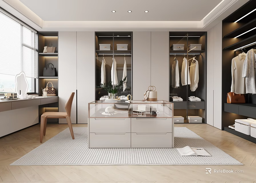 Modern Luxury Walk In Closet With White Cabinets Hanging Racks Dressing Table And Window Rug 3d model 