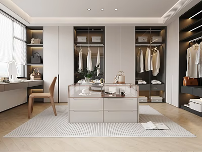 Modern Luxury Walk In Closet With White Cabinets Hanging Racks Dressing Table And Window Rug 3d model