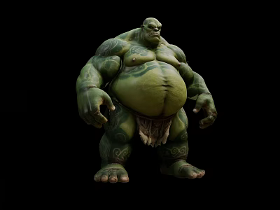 Game And Movie Character Green Skinned Large Muscular Giant With Tattoos Standing Pose Big Belly 3d model