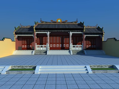 Traditional Chinese Ancient Architecture With Curved Eaves Red Doors Yellow Walls And Stone Pavement 3d model