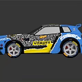 Modified Racing Car With Blue And Yellow Body Graphics Sporty Design And Aerodynamic Rear Spoiler