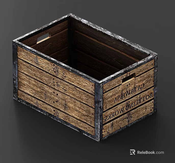 Rustic Vintage Wooden Cargo Box With Metal Trim And Distressed Text Markings 3d model 