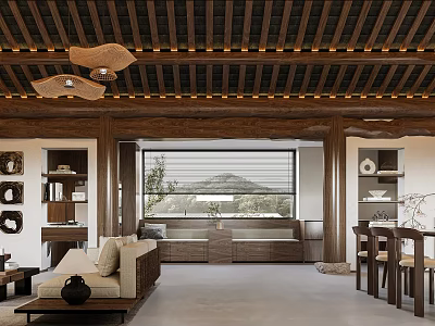Elegant Traditional Chinese Living And Dining Room With Natural Solid Wood Ceiling Interior Design 3d model