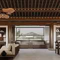 Elegant Traditional Chinese Living And Dining Room With Natural Solid Wood Ceiling Interior Design