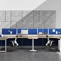 Modern Office Workspace With Blue Partitions Office Desk Office Chairs Documents And Computers 3d model