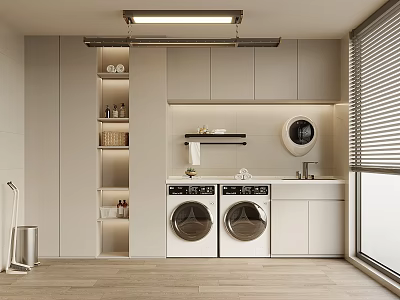 Modern Bathroom Cabinet Rack Interior With Washing Machine And Dryer Storage Cabinets And Lighting 3d model