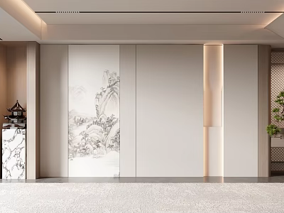 Modern Minimalist Sofa Background Wall With Chinese Ink Landscape Painting And Wooden Accents 3d model
