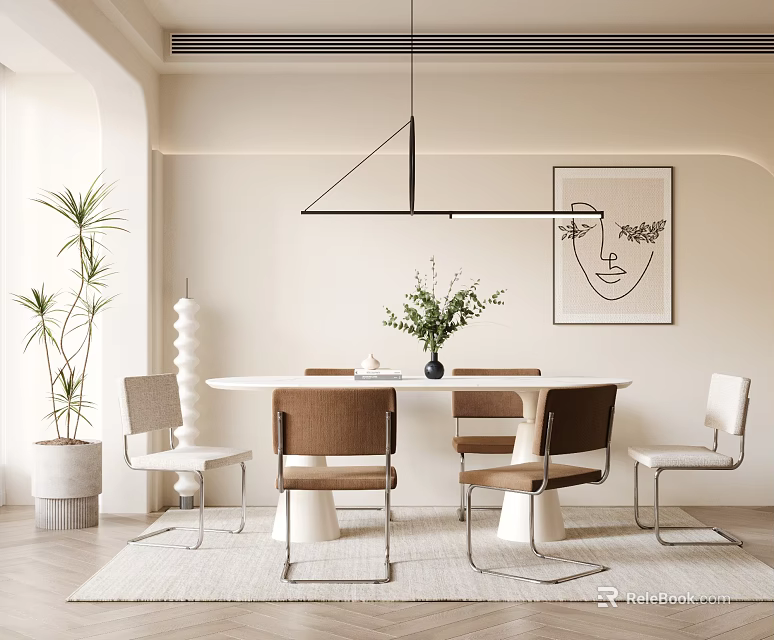 Modern Minimalist Restaurant Interior With Round Table Brown White Chairs Geometric Pendant Light And Potted Plants 3d model 