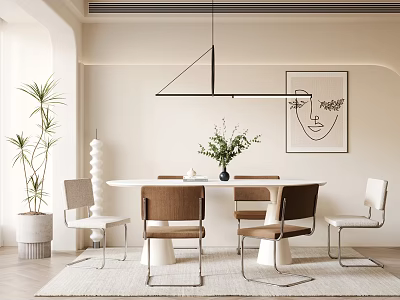 Modern Minimalist Restaurant Interior With Round Table Brown White Chairs Geometric Pendant Light And Potted Plants 3d model