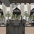 Elegant Cafe Interior Design with Chandeliers Large Windows Curtains Tables Chairs and Plants