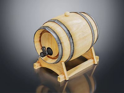 Traditional Wooden Barrel With Metal Hoops Tap And Wooden Stand Base 3d model