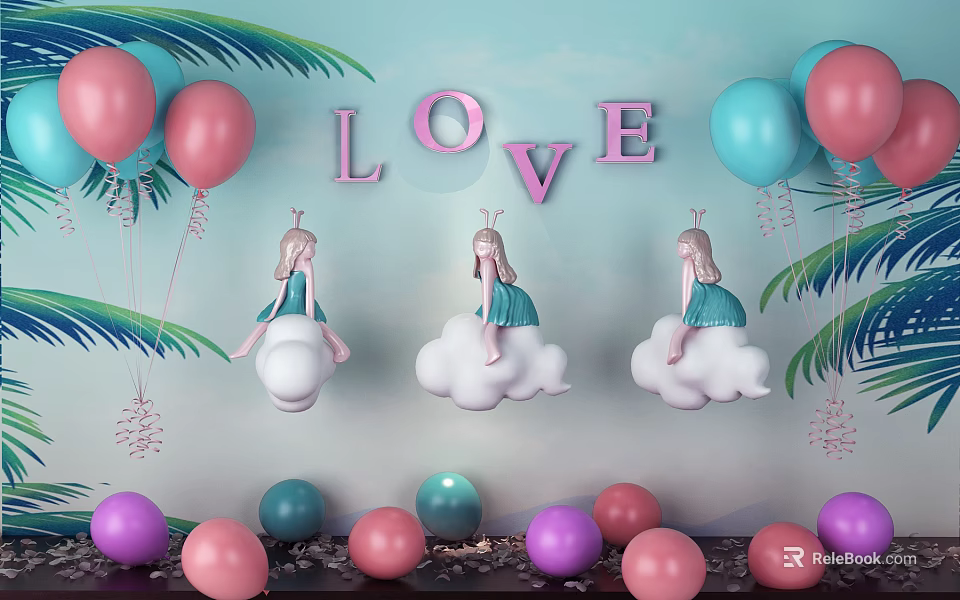 Colorful Celebration Decor With LOVE Letters Balloons Palm Leaves And Cloud Girl Ornaments 3d model 