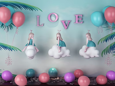 Colorful Celebration Decor With LOVE Letters Balloons Palm Leaves And Cloud Girl Ornaments 3d model