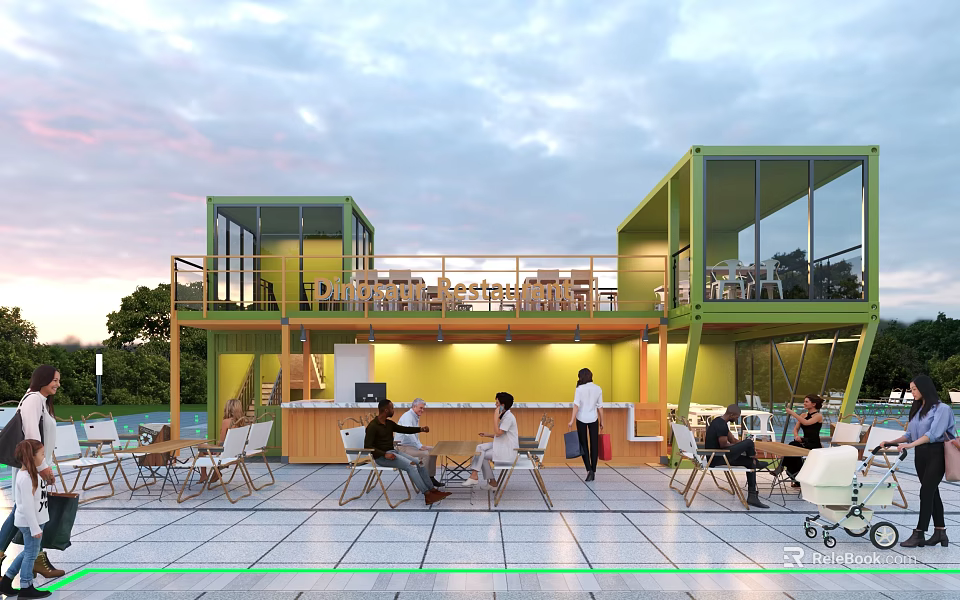Green Container Building Modern Cafe With Open Terrace Glass Windows And People Dining 3d model 