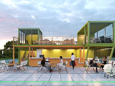 Green Container Building Modern Cafe With Open Terrace Glass Windows And People Dining 3d model