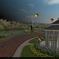 Scenic Garden Landscape With River Colorful Flower Fields Gazebo And Hot Air Balloons