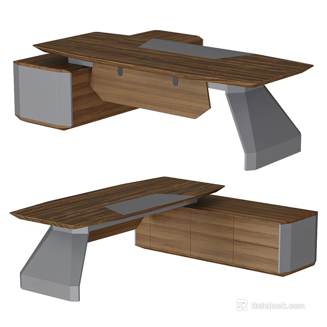 Modern Office Desk with Wooden Surface Drawers and Geometric Gray Legs 3d model 