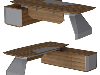 Modern Office Desk with Wooden Surface Drawers and Geometric Gray Legs 3d model
