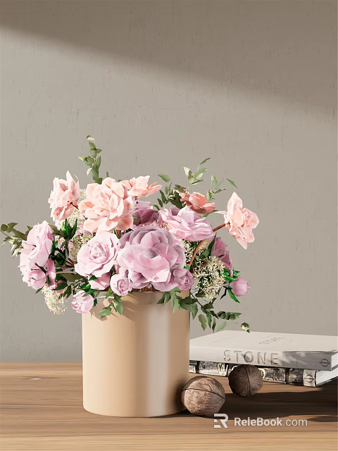 Beige Vase With Pink Purple Roses Hydrangeas And Green Leaves On Table 3d model 