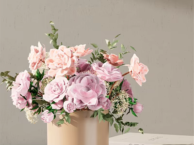 Beige Vase With Pink Purple Roses Hydrangeas And Green Leaves On Table 3d model