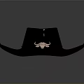 Gray Wide Brimmed Hat With Black Trim Bull Horn Decoration And Circular Badge