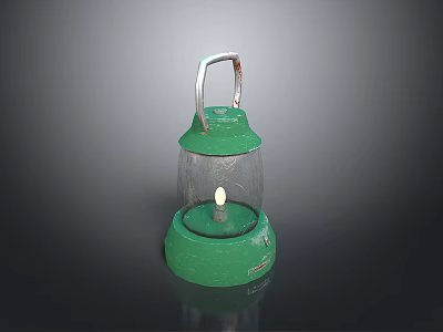 Vintage Green Lantern With Transparent Glass Shade Metal Handle And Lit Wick 3d model