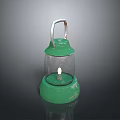 Vintage Green Lantern With Transparent Glass Shade Metal Handle And Lit Wick