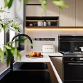 Modern Kitchen Interior With Wooden Cabinets Black Appliances Large Window And Windowsill Plants