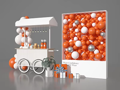 Vibrant Photo Check In Spot With Orange White Silver Balloons Cart And Gift Boxes 3d model