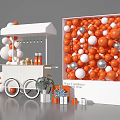 Vibrant Photo Check In Spot With Orange White Silver Balloons Cart And Gift Boxes