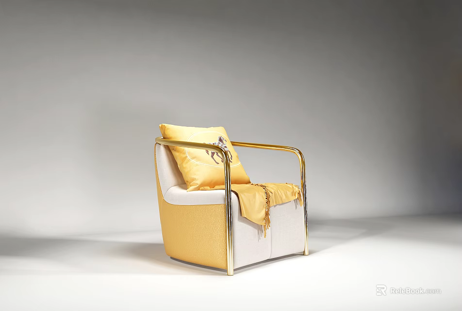Stylish Modern Leisure Chair With Yellow Cushion And Golden Metal Frame Design 3d model 