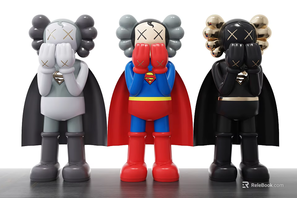 Designer Dolls In Gray Red Blue Black With Capes Belts And Gold Accents 3d model 