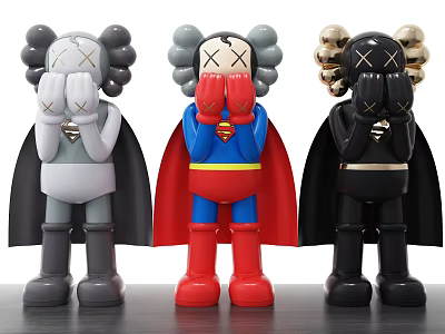 Designer Dolls In Gray Red Blue Black With Capes Belts And Gold Accents 3d model