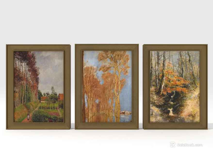 Three Framed Landscape Decorative Paintings As Home Wall Furniture Art 3d model 