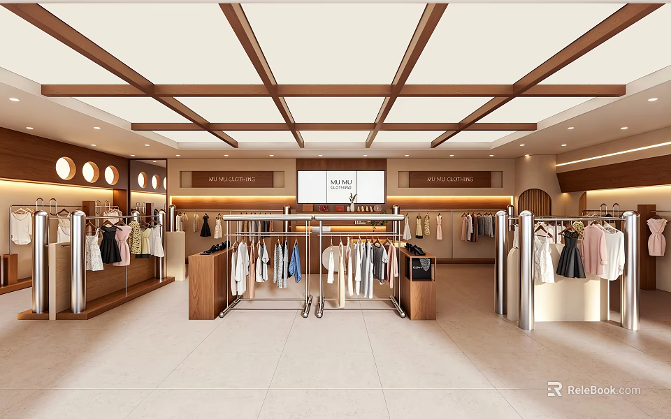 Modern Clothing Store Interior Design With Wooden Ceiling And Hanging Clothes Racks 3d model 