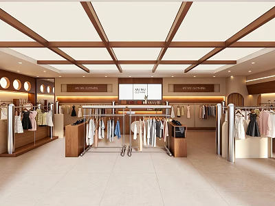 Modern Clothing Store Interior Design With Wooden Ceiling And Hanging Clothes Racks 3d model