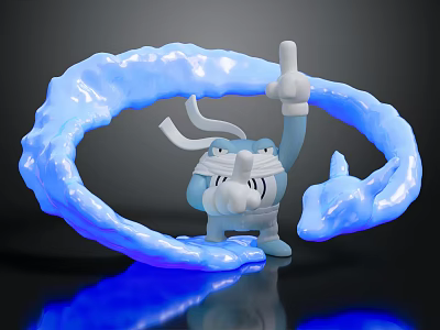 Shiny Blue Reptile Cartoon Figure With Mask Pointing Forward And Glowing Energy Ring 3d model