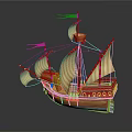 Ancient Wooden Sailing Ship As Water Transport With Multiple Sails And Decorative Flags