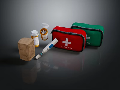 First Aid Supplies With Red Green Kits Cross Symbol Medicine Bottles Thermometer And Brown Pouch 3d model