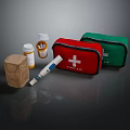 First Aid Supplies With Red Green Kits Cross Symbol Medicine Bottles Thermometer And Brown Pouch
