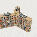 L Shaped Wooden Display Shelves With Multi Tiered Racks Filled With Books And Top Signs