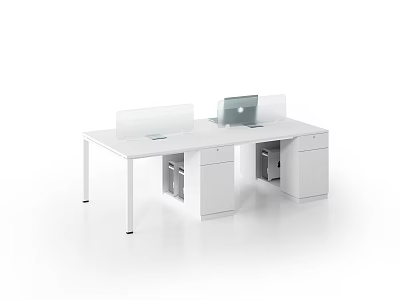 White Office Desk With Transparent Partitions Drawer Cabinets And Apple Computer 3d model